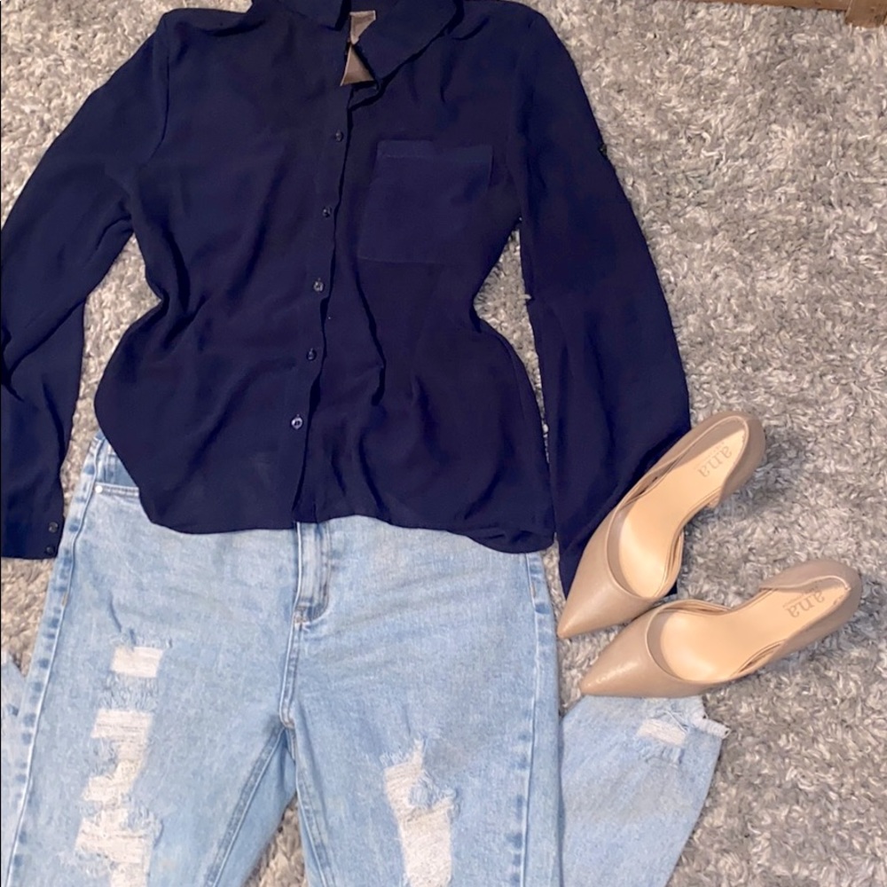 dark blue sheer blouse